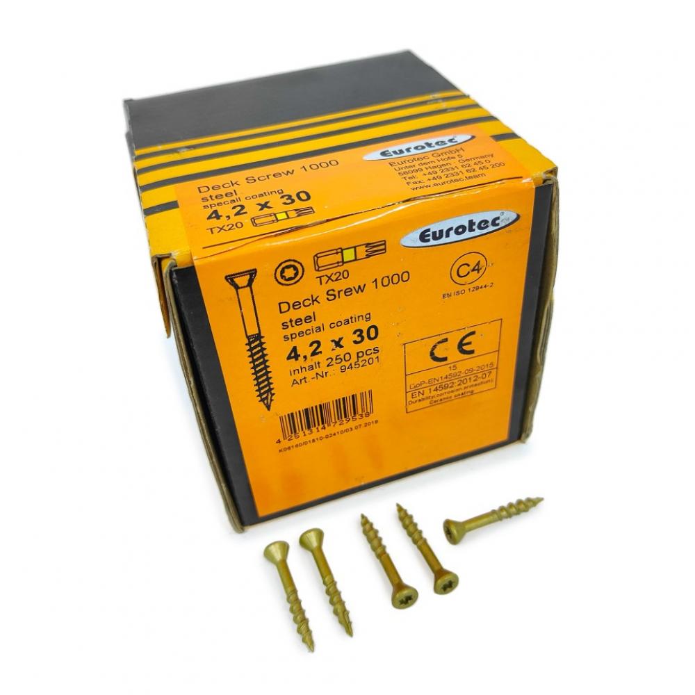 Саморезы Eurotec Deck Screw 4.2х30 TX20 (Потай, 250шт) саморезы deck wood screws 55x4 5 mm c4 t20 1750 шт