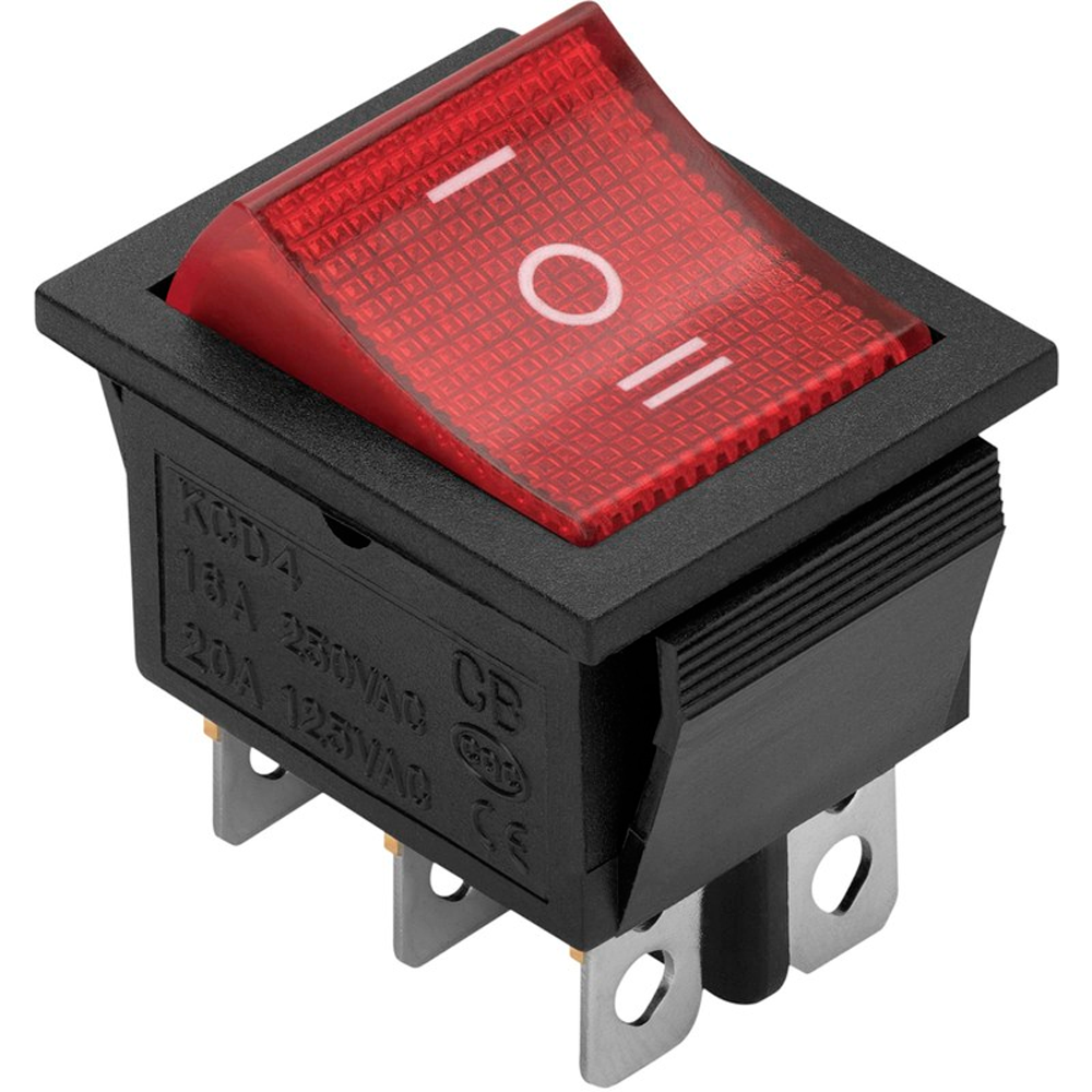 Выключатель клавишный красный с подсветкой 6 контактов, 250В, 16А, ВКЛ-ВЫКЛ-ВКЛ тип RWB-509, 26 [16656284] выключатель legrand quteo 1 клавишный серый 782330