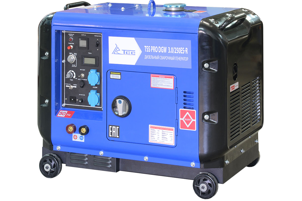 Дизельный сварочный генератор в кожухе TSS PRO DGW 3.0/250ES-R дизельный генератор тсс ад 108c т400 1ркм15 в шумозащитном кожухе